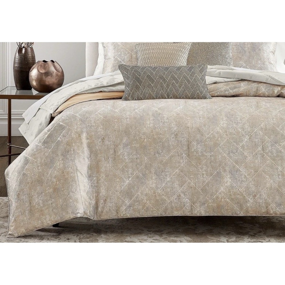 Hudson Park Collection Linear Sandstone FULL/QUEEN Duvet Cover Gold - NWT $485